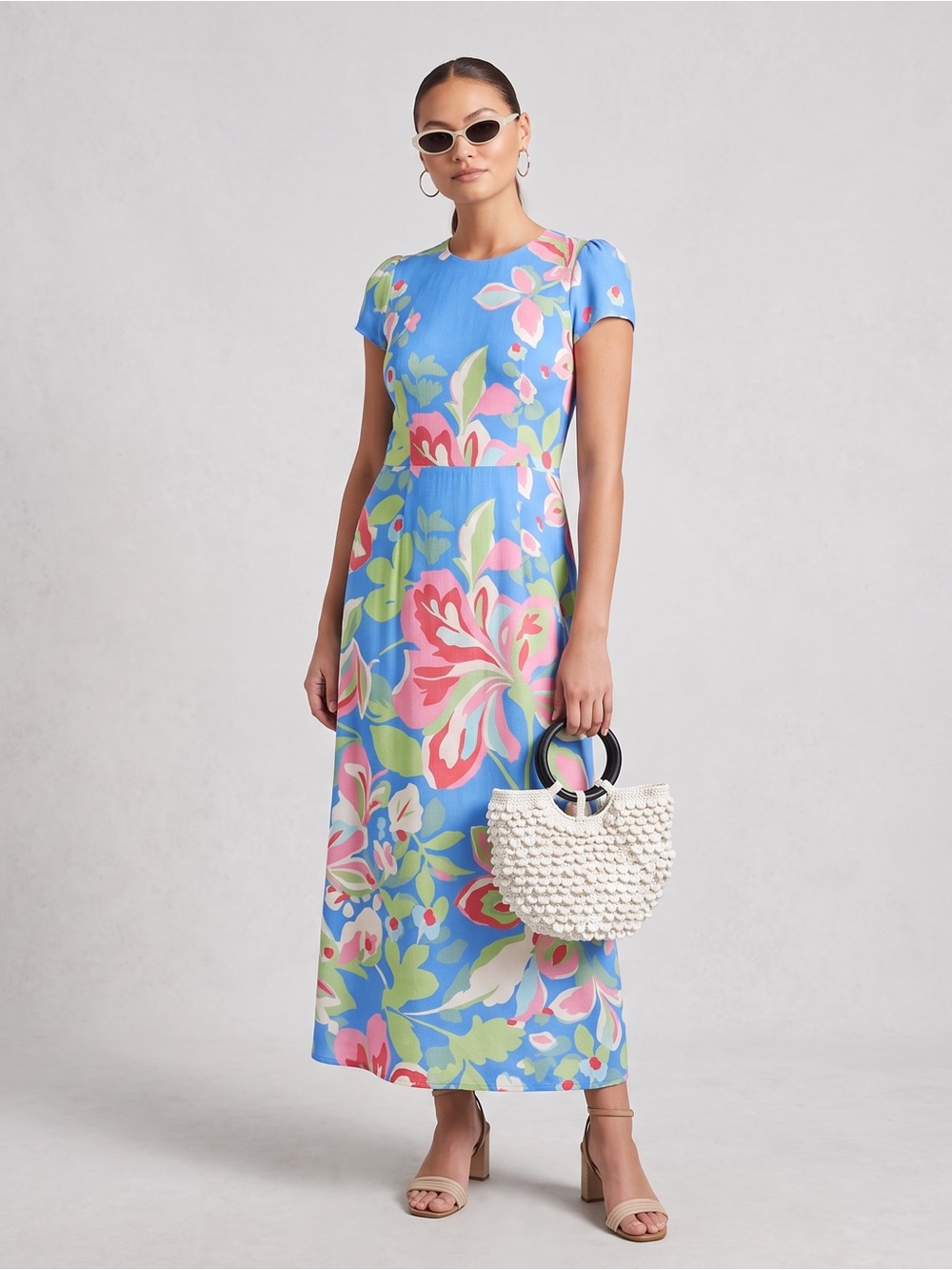 Yumi Kim Meilin Viscose/Rayon Dream Girl Blue Floral Cup Sleeve Midi Dress $248